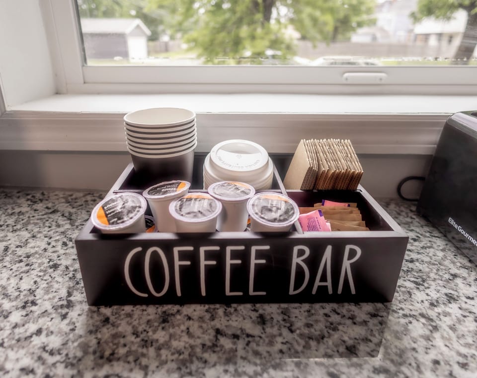 We've got you covered when it comes to morning brew! Coffee, sugar, creamer, tea