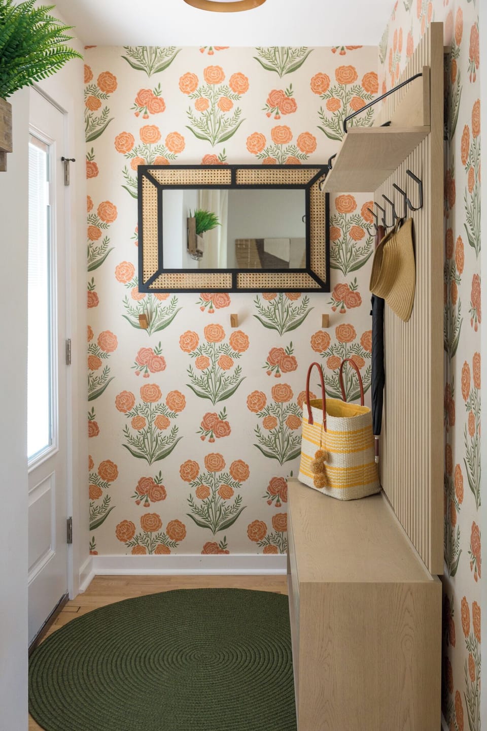Thoughtfully designed stylish wallpaper with storage, and warm finishes.