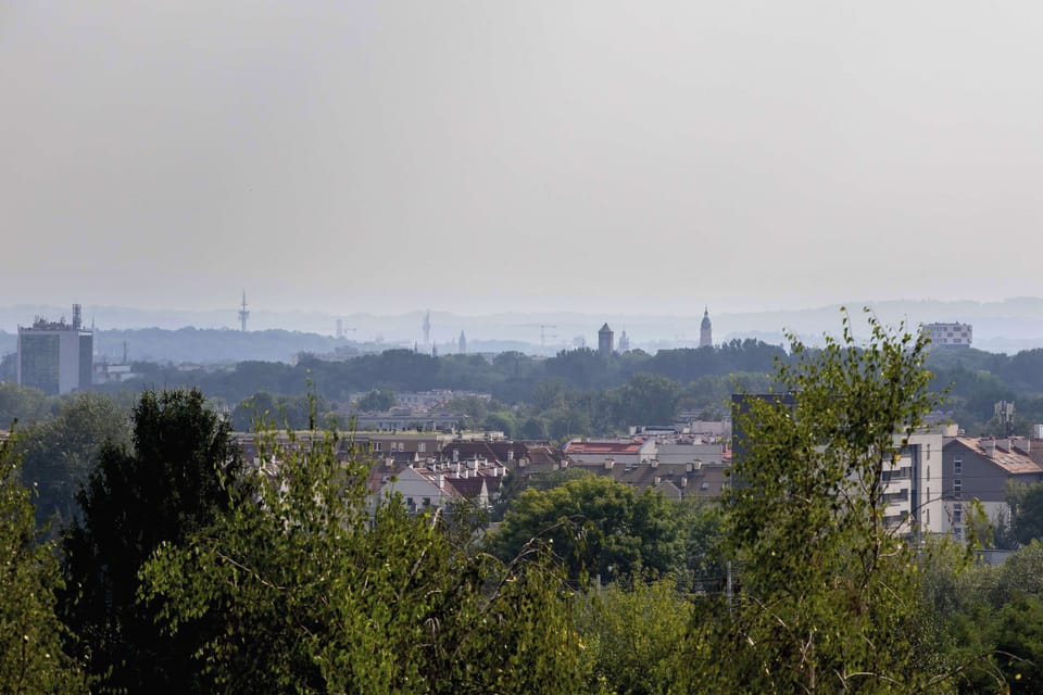 A panoramic view of the city skyline surrounded by green hills and trees.