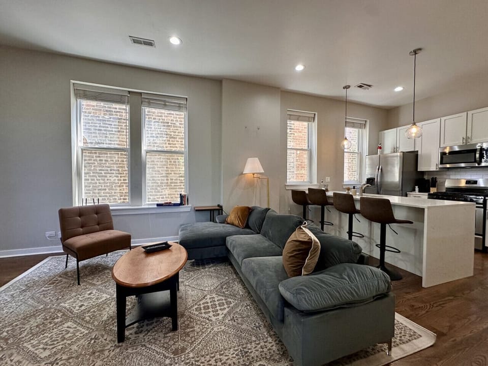 Spacious living room with dedicated workspace