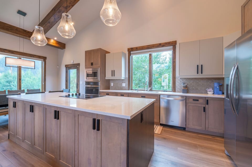 Kitchen and dining area on west end of Great Room
