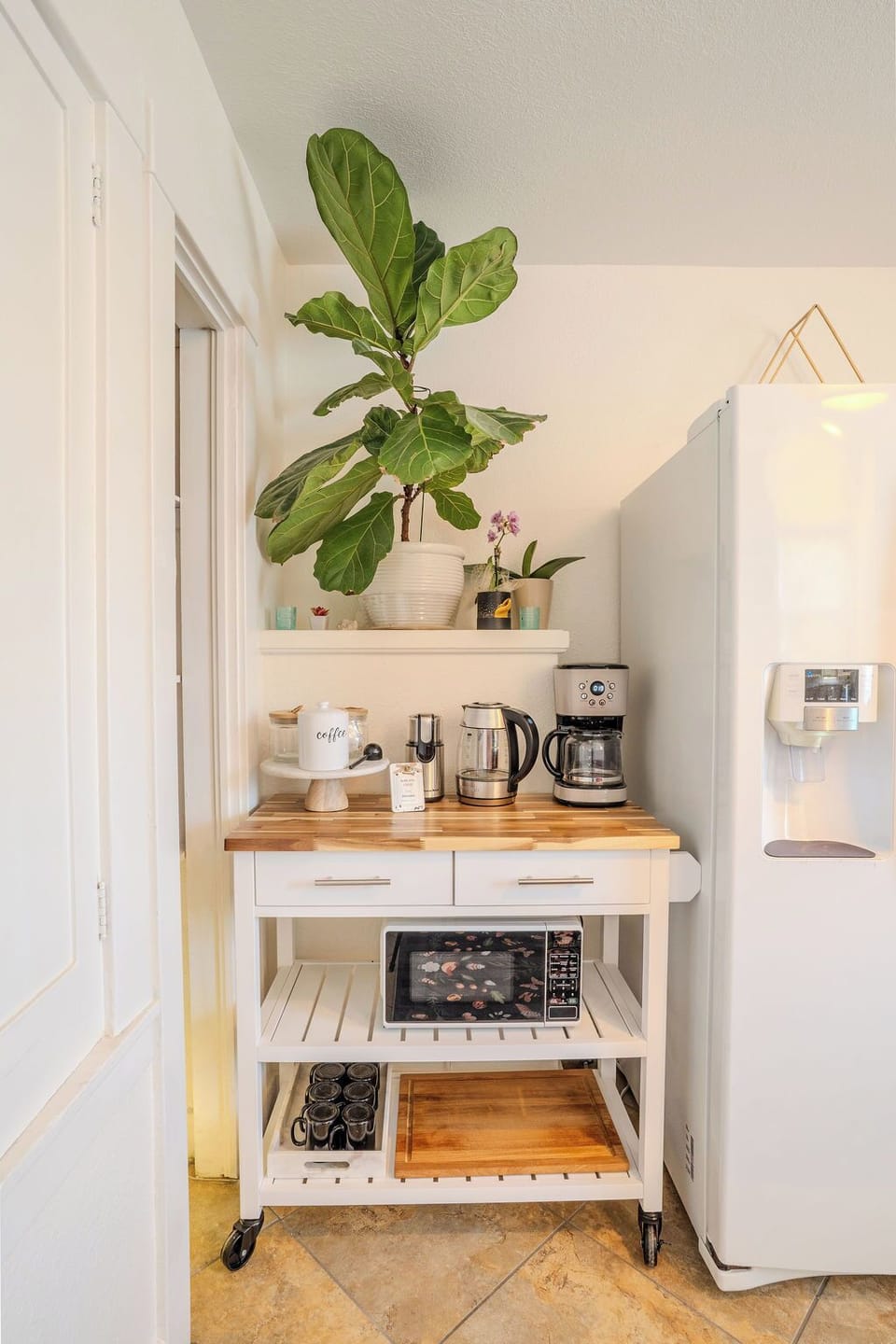 Coffee cart & microwave. 