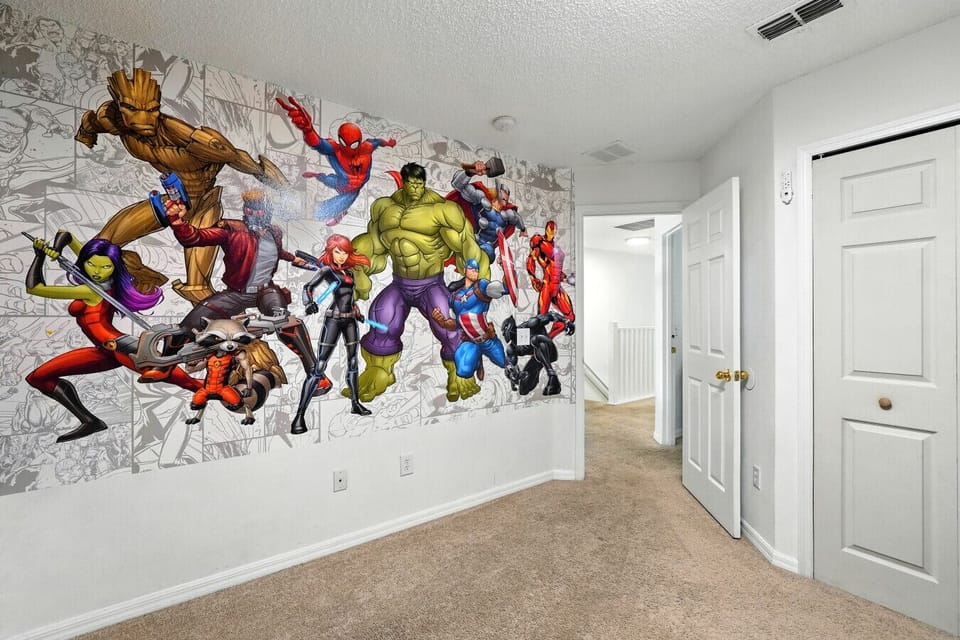 Bold colors and Marvel décor for comic fans