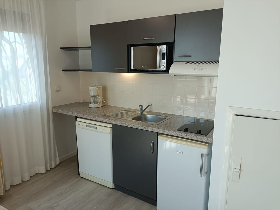 The sleek kitchen is designed for efficiency, featuring essential appliances, a clean countertop, and a welcoming atmosphere.