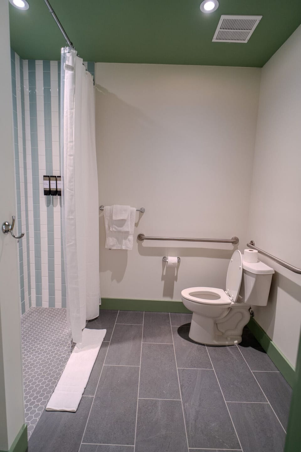 Modern bathroom with walk-in shower, safety bars, and custom tilework — perfect for added comfort