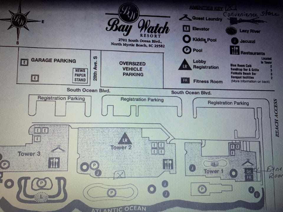 Find places to eat, exercise, and swim on this map of Bay Watch Resort.