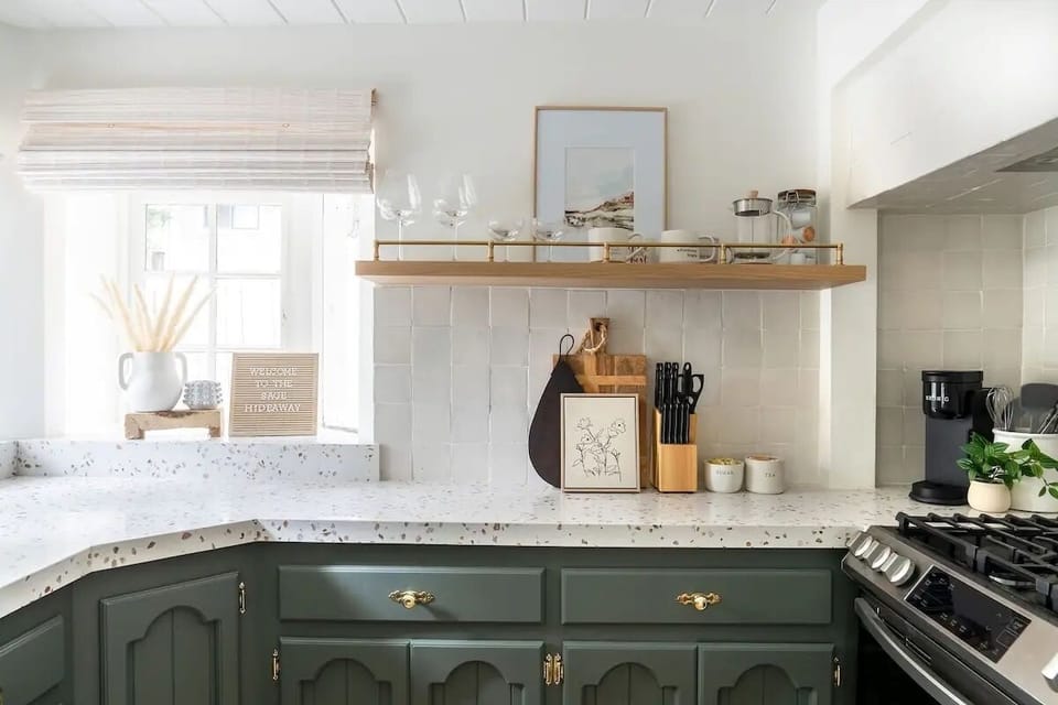 Fully stocked kitchen including Keurig coffee maker, French Press. 