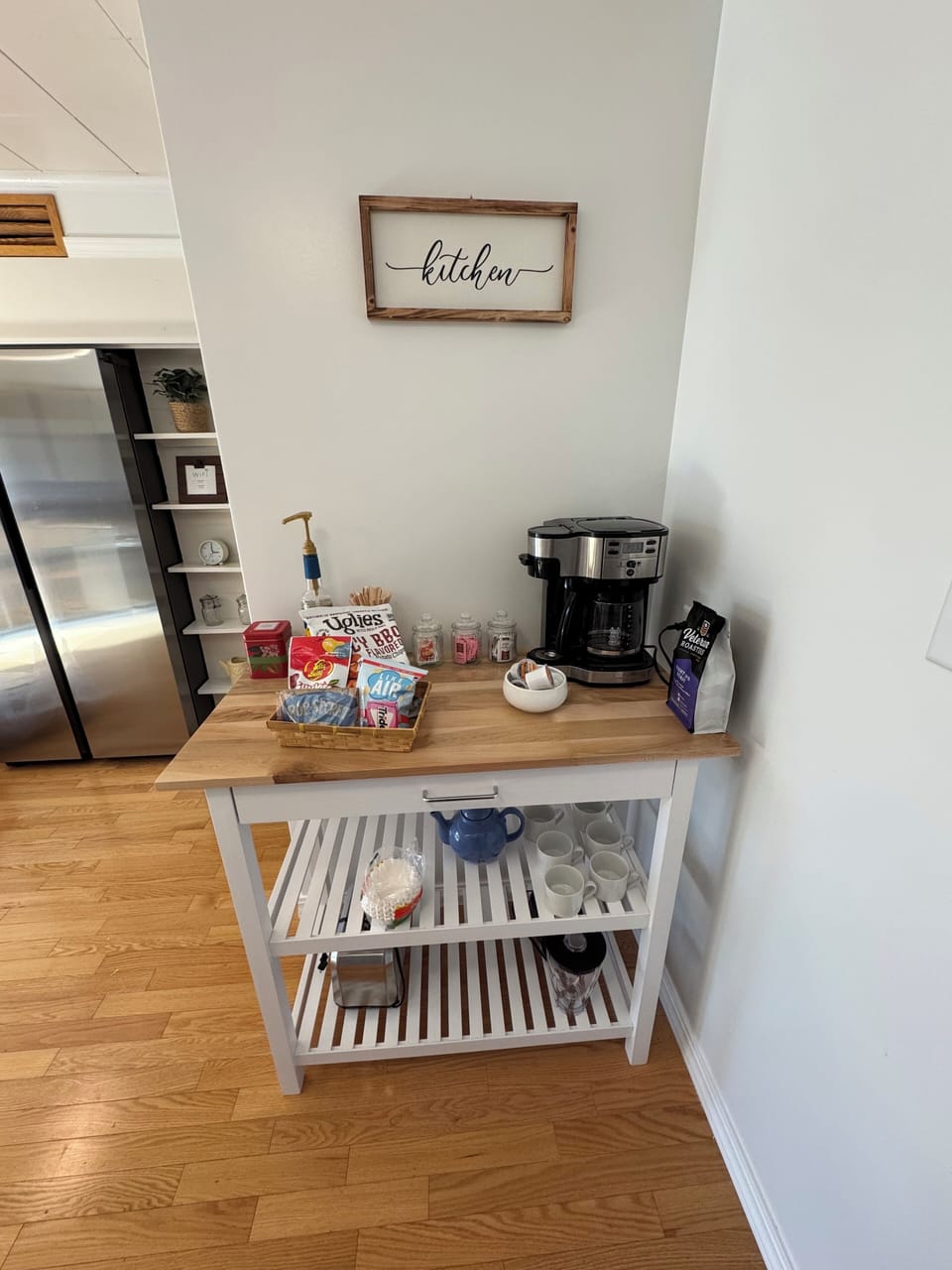 Coffee station, coffee maker grounds or pods, toaster, blender, tea, etc.