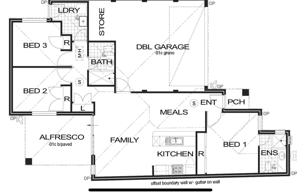 Floor plan, 3 bedrooms, 1 King bed with ensuite (1), 1 Queen bed (2), 2 Singles (3)