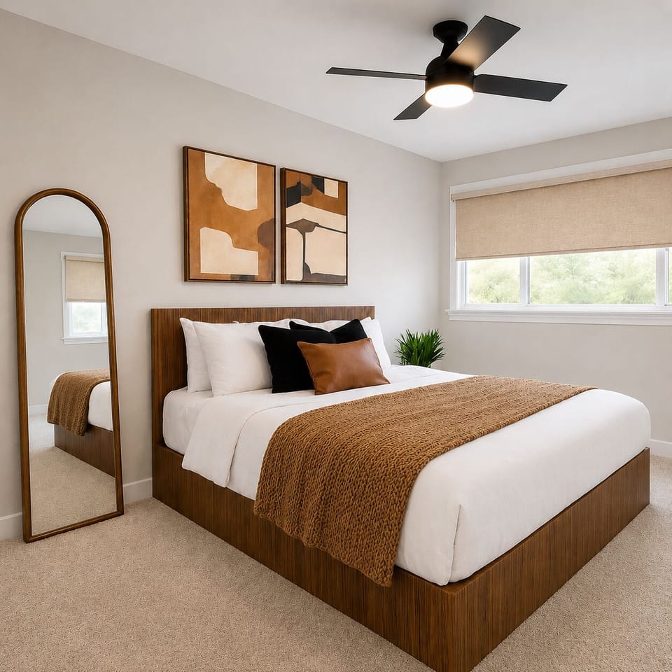 Spacious king bedroom with calming neutral modern design