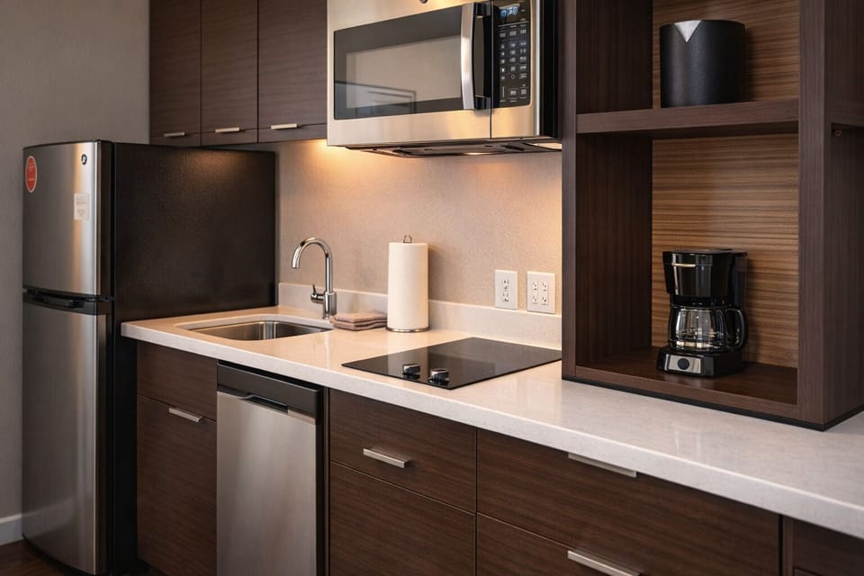 Cook and recharge easily with a sleek, fully equipped kitchenette.