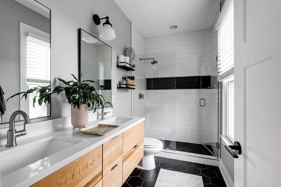 Master bathroom with floating vanity and rainfall shower head