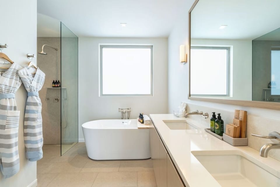 Unwind with a spa-like soak in the airy bath.