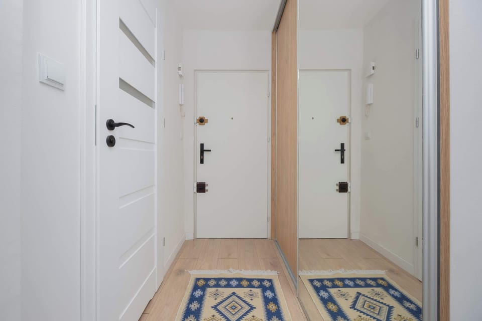 A bright hallway with a large mirror and rug creates a practical and welcoming entrance to the apartment.
