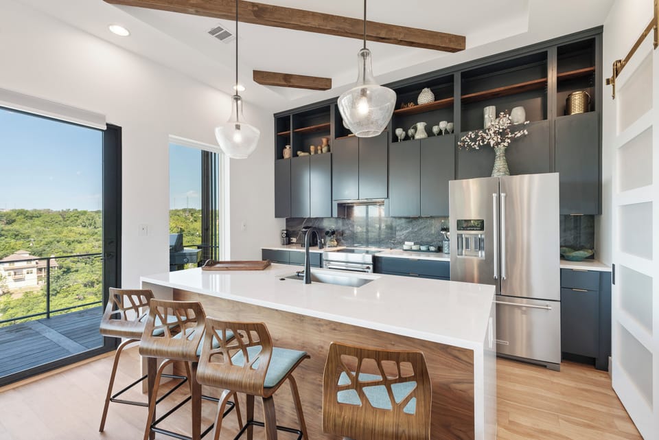 4 Barstools, Refrigerator, Electric Stove, and Sink