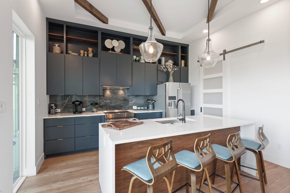 4 Barstools, Electric Stove, Refrigerator, Dishwasher, and Pantry