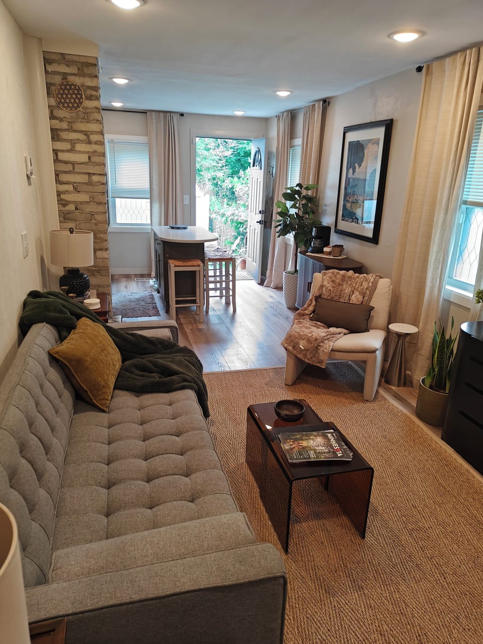 Stylish mid-century modern living room, large Smart TV, Open concept