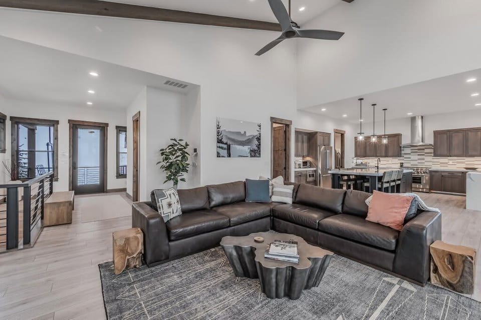 Comfortable living room seating area on this beautiful leather sectional 