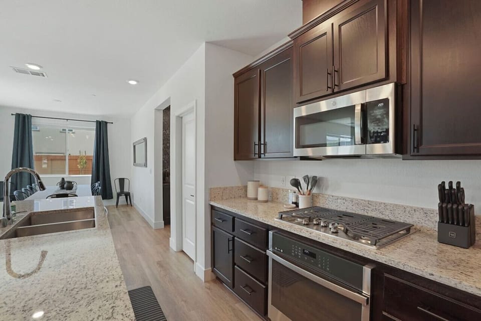 Gas range with oven and microwave.