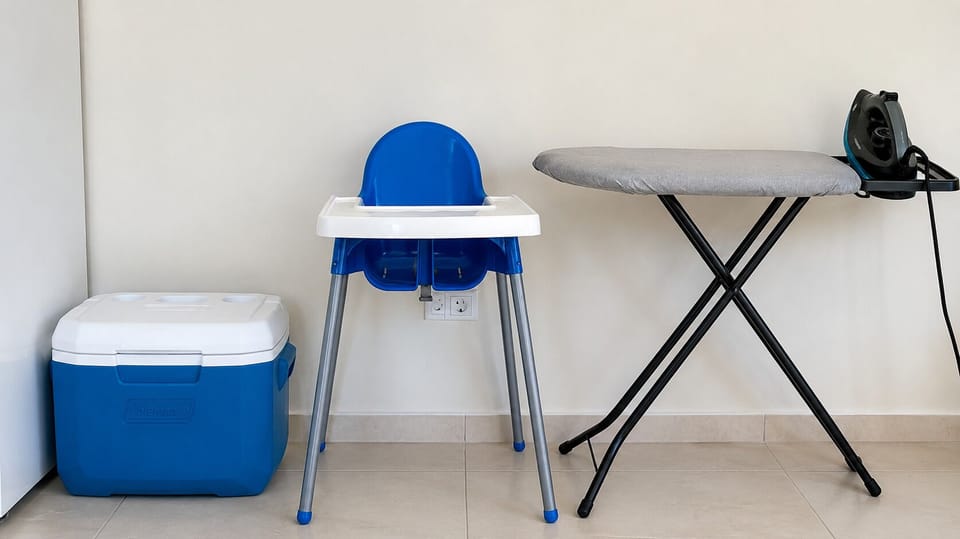 Icebox, babychair, iron and ironing table. Free to use.