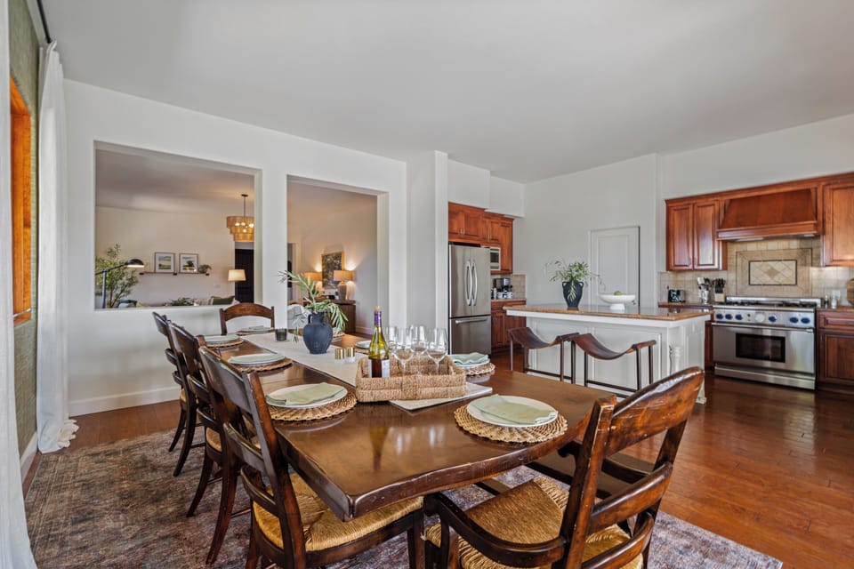 Dining table set for gatherings.