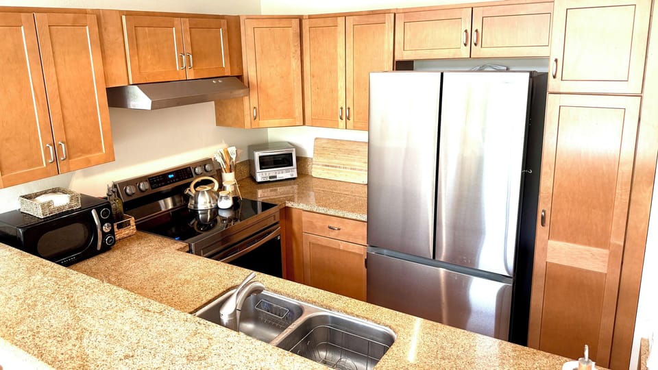 Toaster Oven, microwave, coffee and a French press 