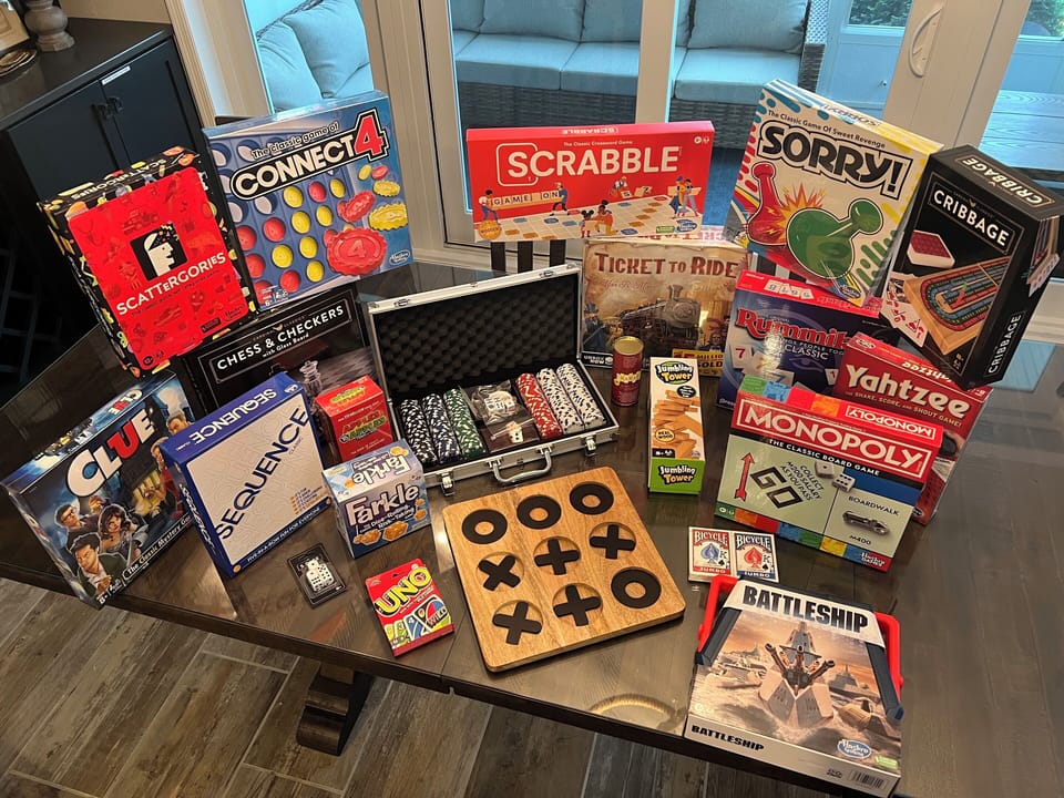 We provide numerous board games, puzzles, cards, dice, and other activities.