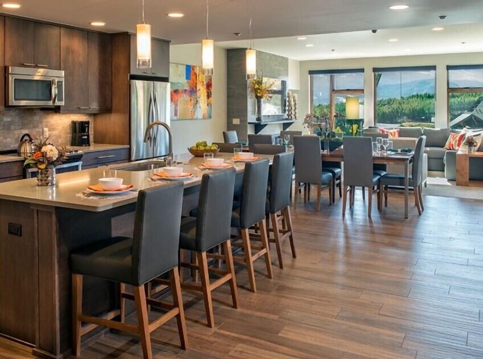 Main living space- living, dining, fireplace, sofa bed and bathroom attached to the Main Bed and Bathroom.