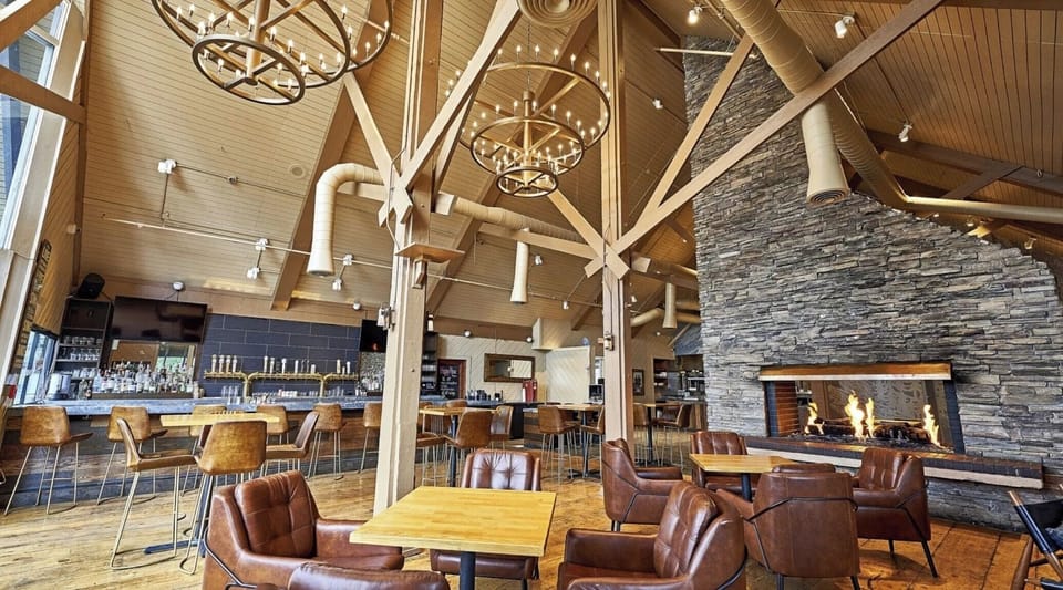 Relax fireside in a soaring lounge made for après-ski chats.