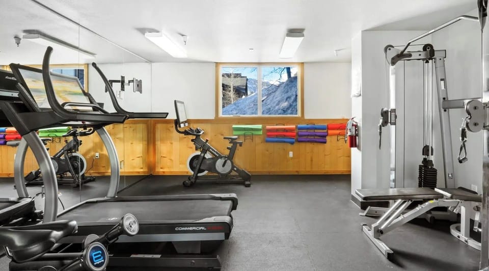 Recharge with a full workout in the bright fitness room.