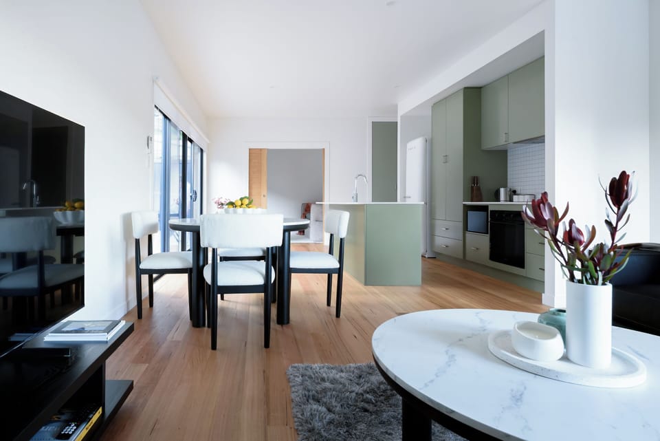 Open plan kitchen, living and dining