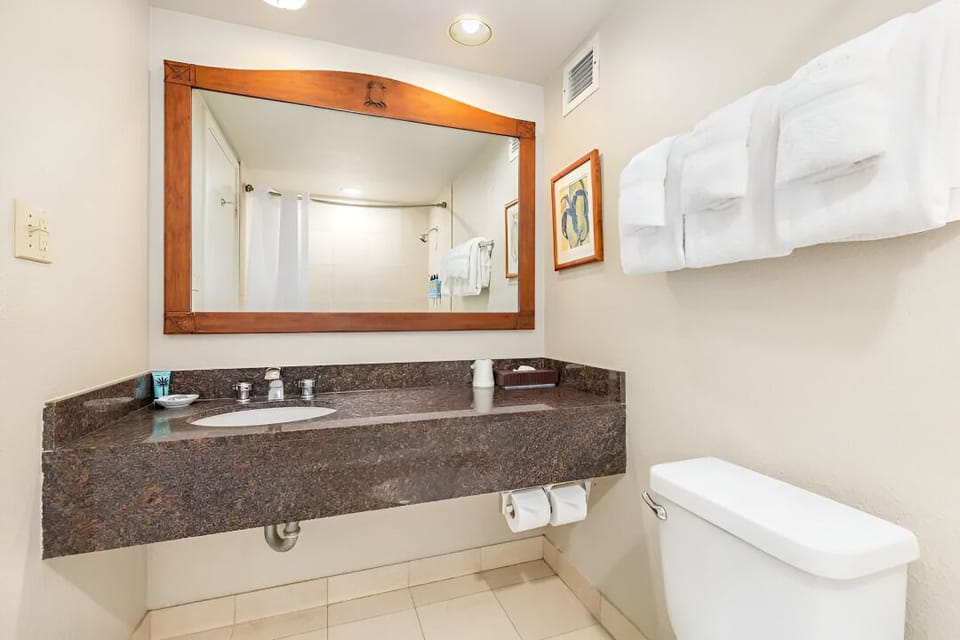 Freshen up with bright lighting and a spacious counter.