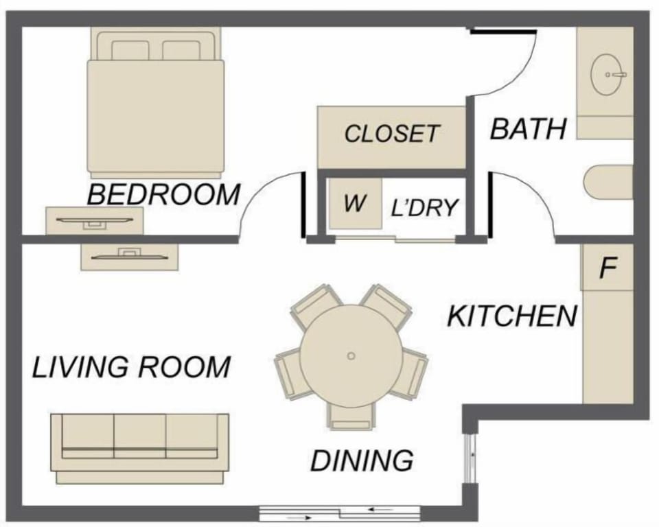 A clear and easy-to-follow floor plan showing the comfortable layout of the space, including the living area, kitchen, bedroom, bathroom, and patio—designed for a relaxed and convenient stay.