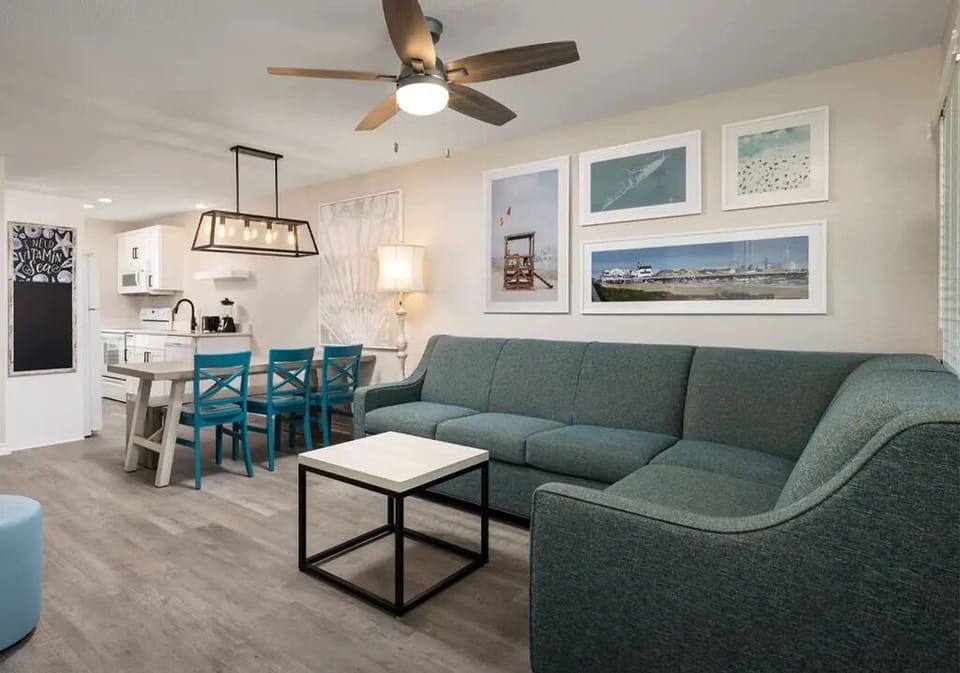 Gather together in the airy open-concept lounge and dining area.