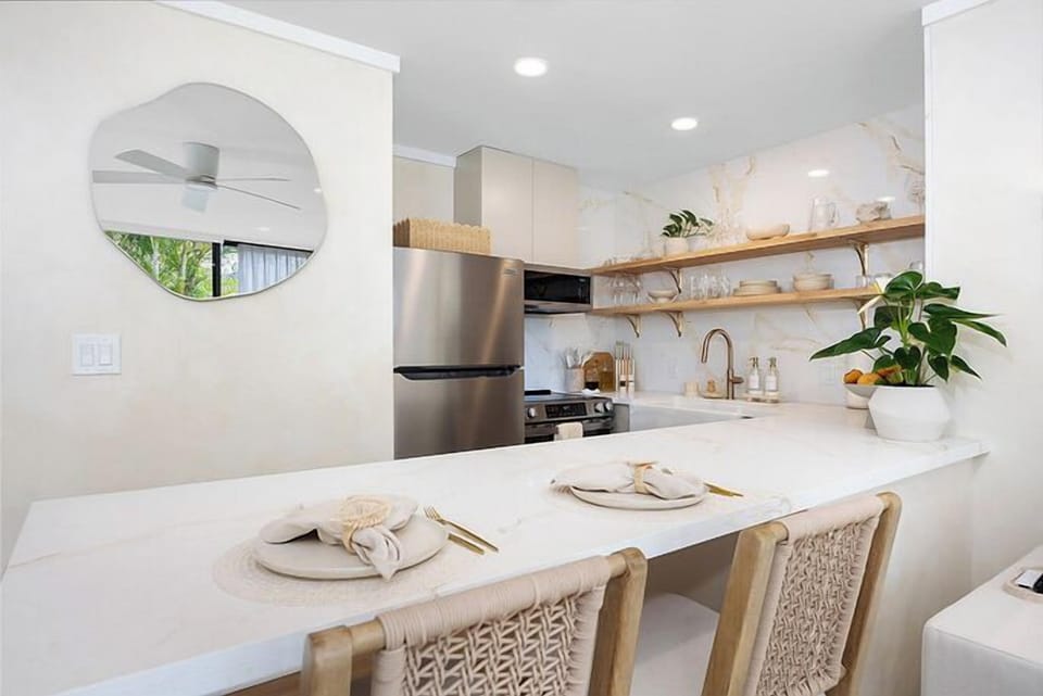 Bright dining nook that doubles as a stylist workspace.