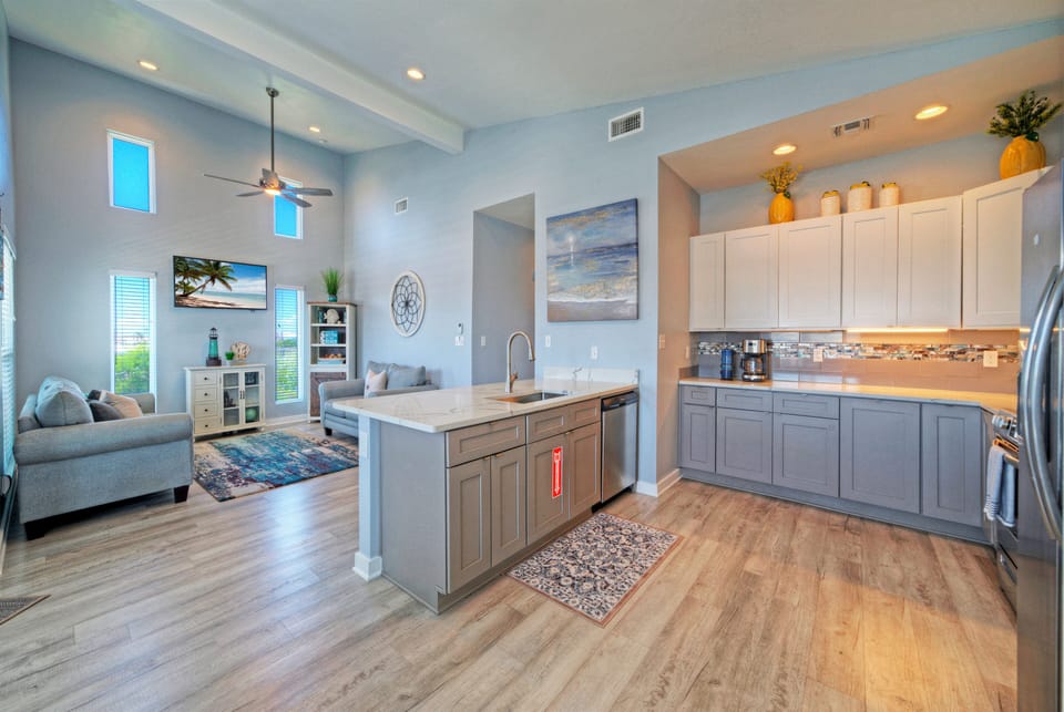 Wide view angle of the kitchen area.