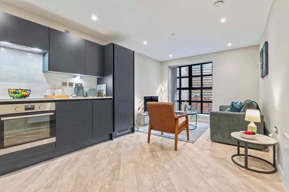 The sleek modern kitchen is fully equipped for you to prepare and cook meals during your stay. There is a kettle, toaster, full size dishwasher and oven with electric hob so you will feel right at home.