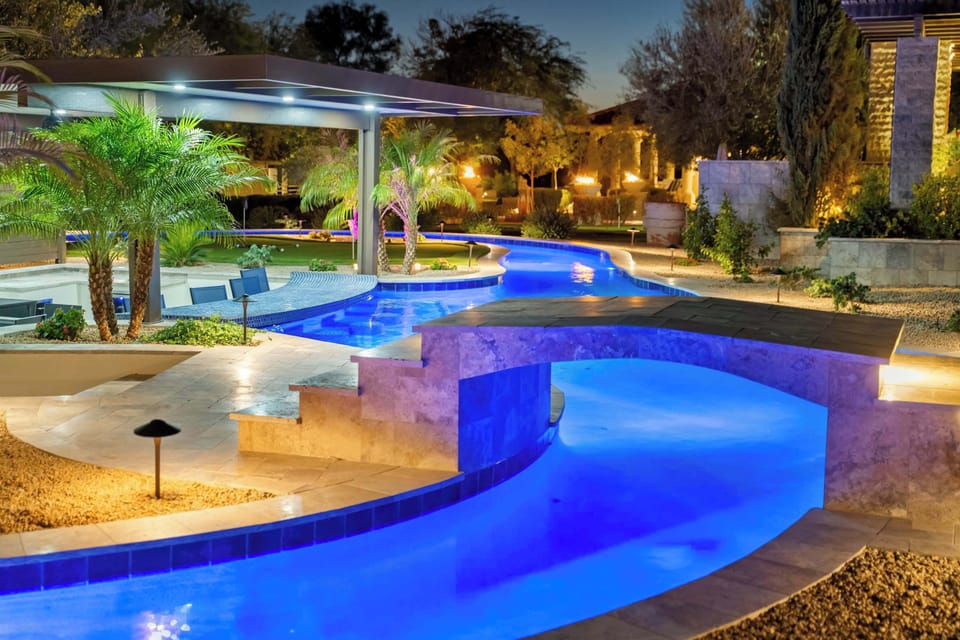 Immerse in tranquil blue currents as evening descends.