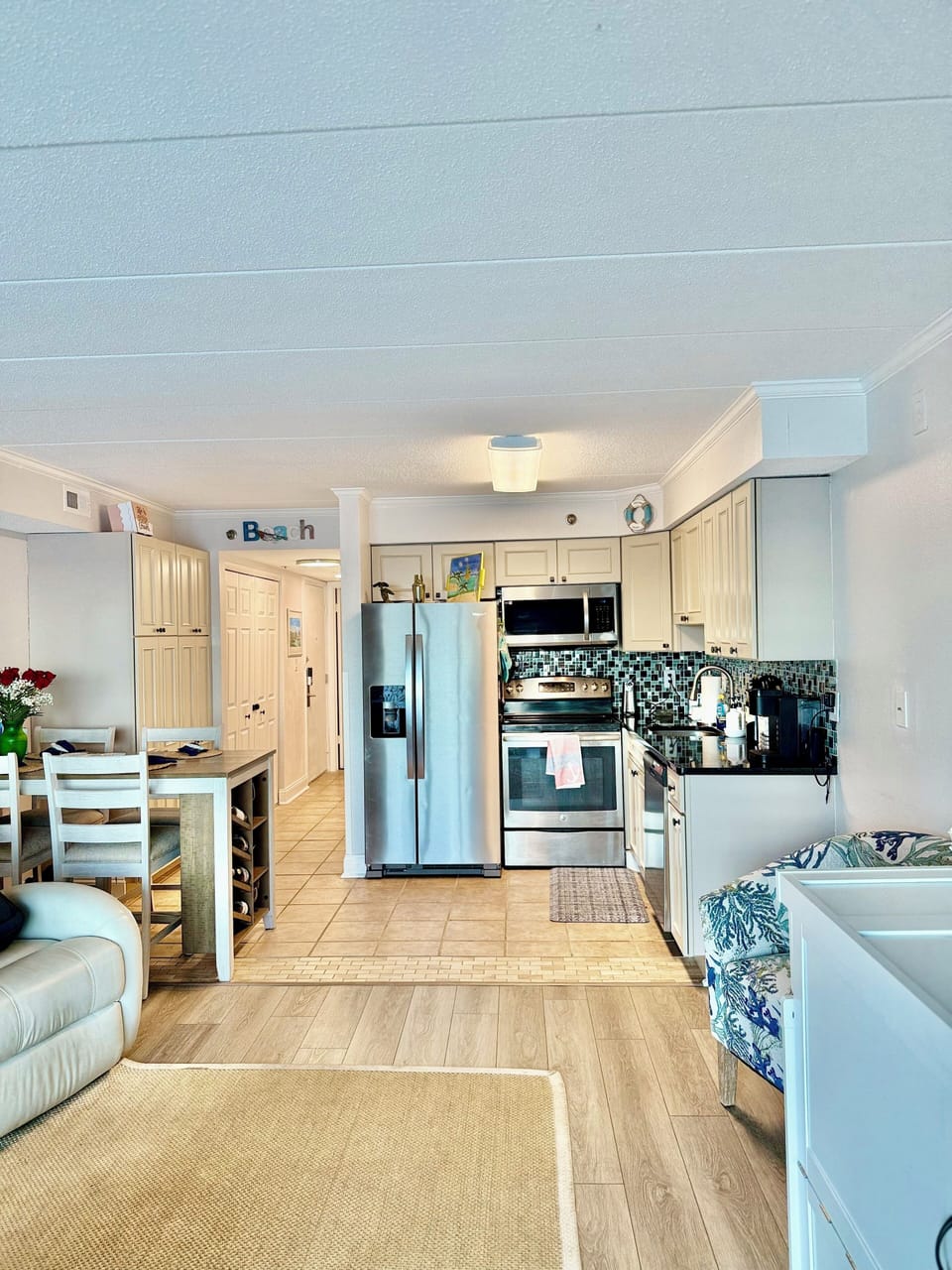 Kitchen and living room.