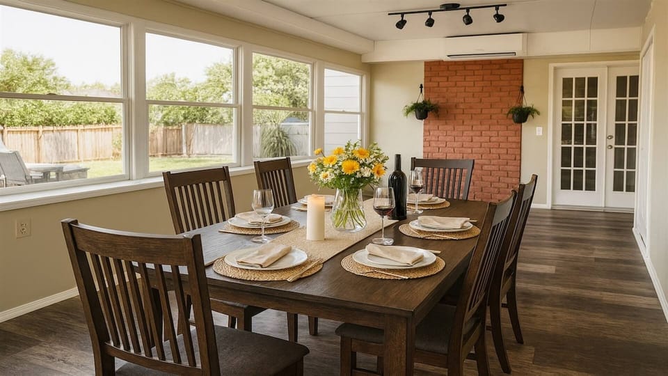 SunRoom - Bright dining room with brick fireplace and large windows overlooking the yard