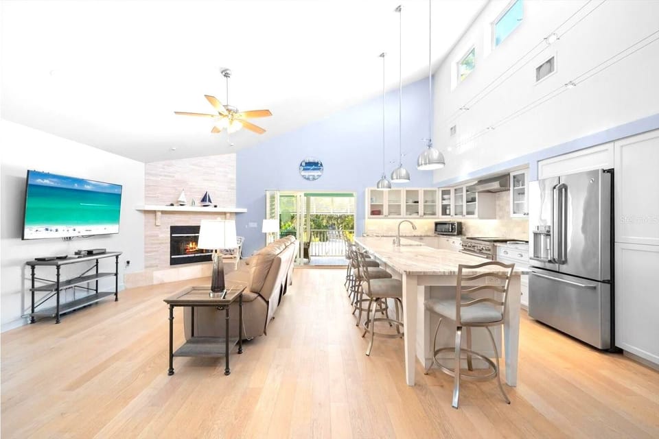 Bright living area with spacious kitchen.