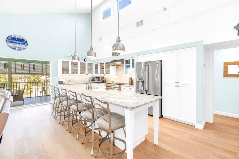 Spacious kitchen with large island seating.