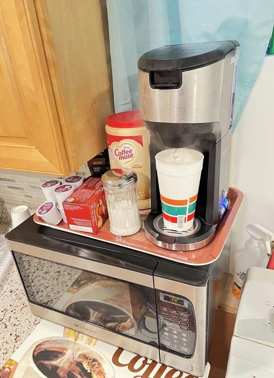 Coffee machine with welcome condiments.