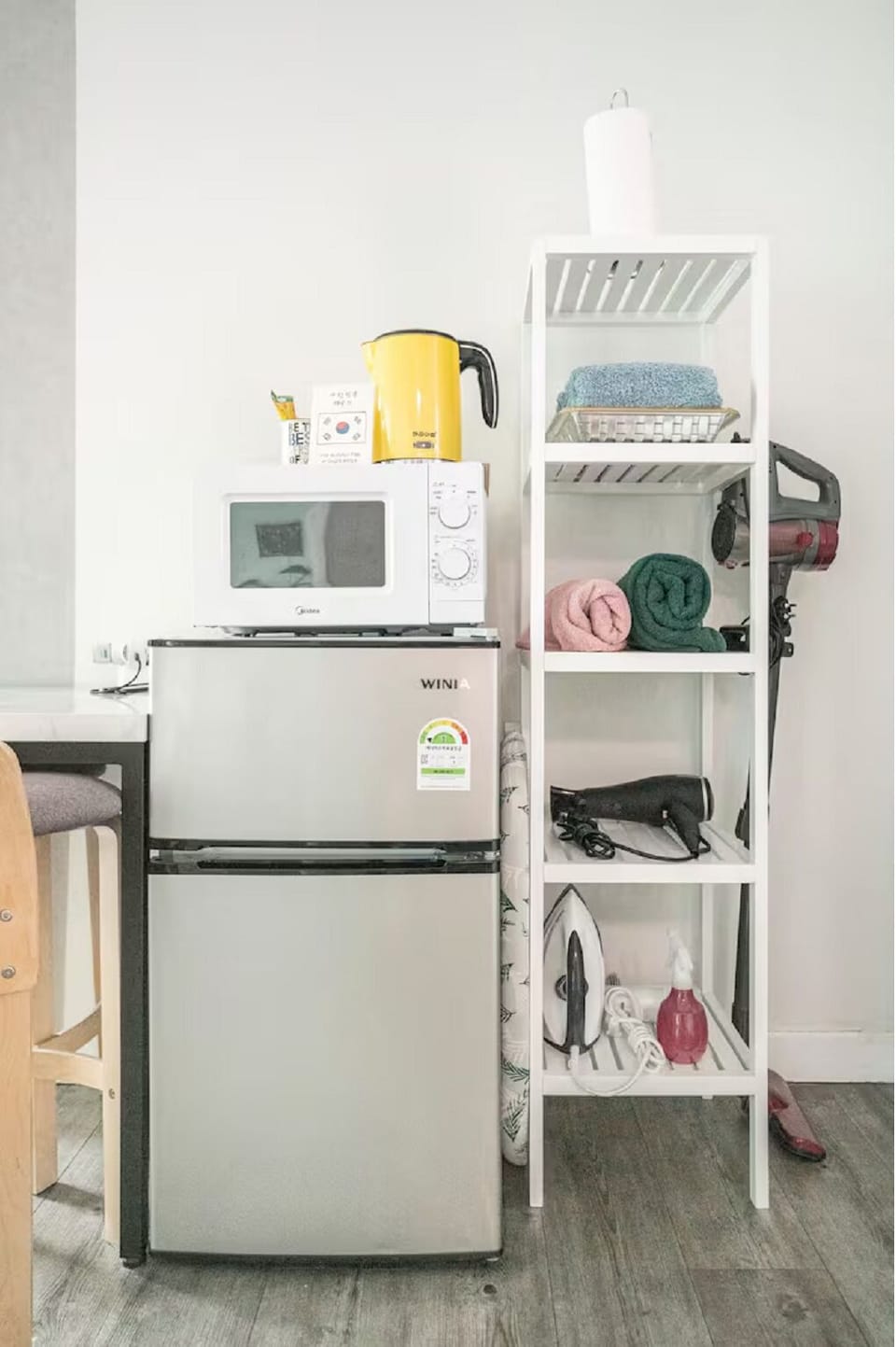 Fridge, larger & small towels, Iron & iron board, hair dryer