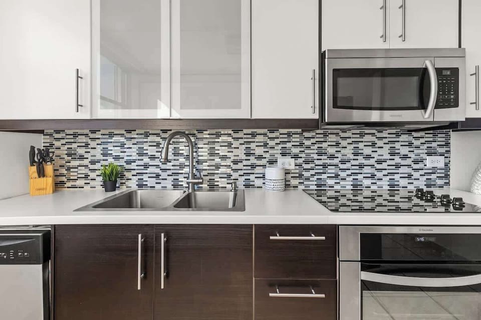 Prepare meals with ease on spacious, clean countertops.