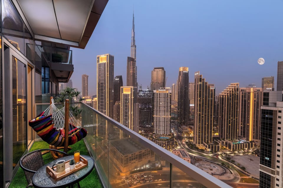 Private balcony with stunning Burj Khalifa view, perfect for relaxing moments.