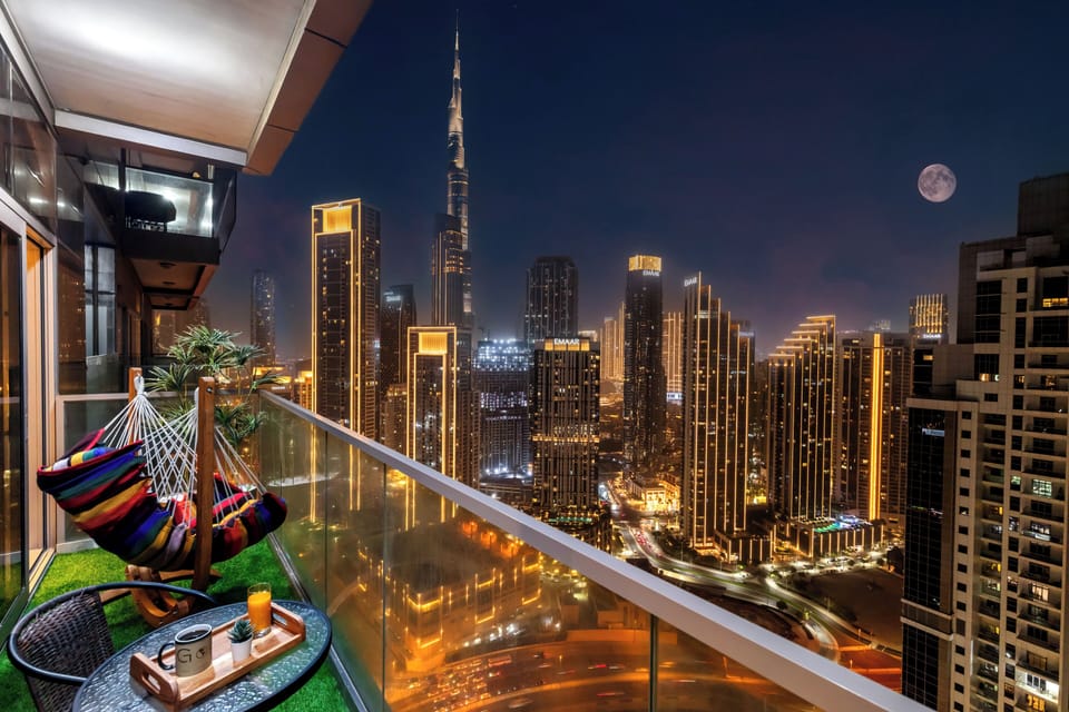 Private balcony with stunning Burj Khalifa view, perfect for relaxing moments.