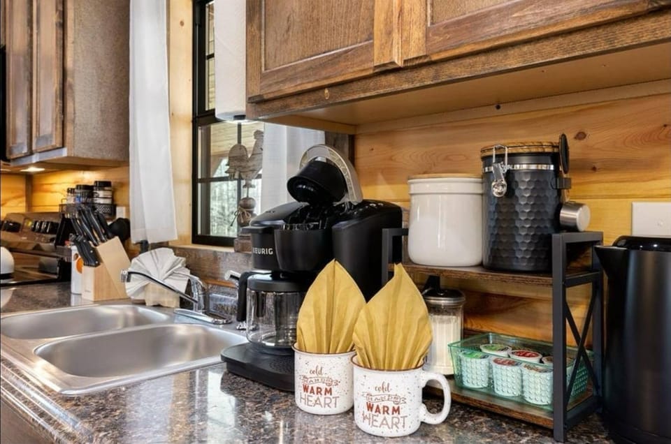 Wake up right — fully stocked coffee bar with Keurig, Electric kettle, drip maker & mugs