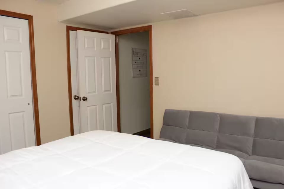 Additional photo of basement guest room with queen bed, futon, and closet.