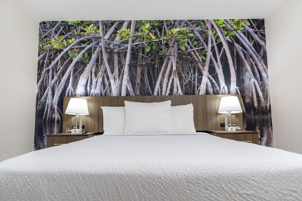 Sink into crisp linens beneath a calming nature mural.